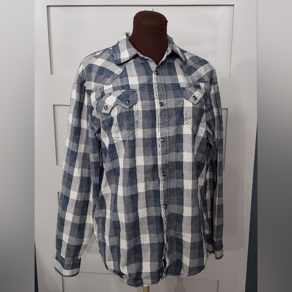 MOONSHINE SPIRIT MENS Western Blue and White Plaid  Shirt